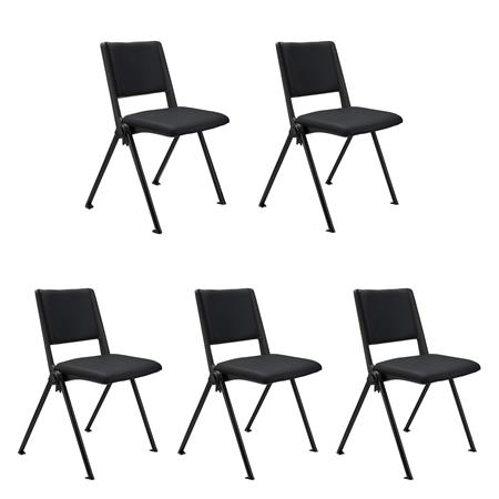 SET van 5 Vergaderstoelen CARINA, Stapelbaar, Stoelkoppelsysteem, Zwart Leder en Zwarte Poten