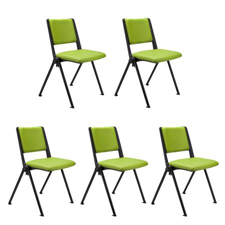 SET van 5 Vergaderstoelen CARINA, Stapelbaar, Stoelkoppelsysteem, Groen Leder en Zwarte Poten