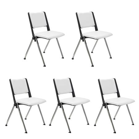 SET van 5 Vergaderstoelen CARINA, Stapelbaar, Stoelkoppelsysteem, Wit Leder en Verchroomde Poten