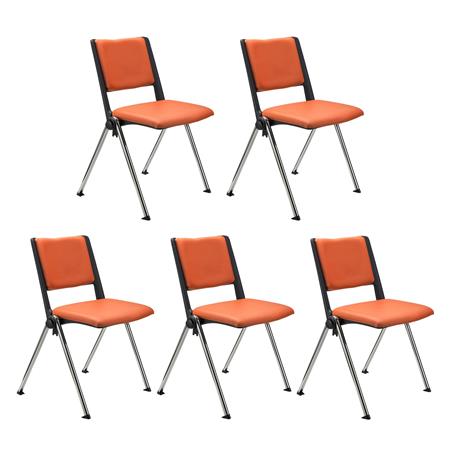 SET van 5 Vergaderstoelen CARINA, Stapelbaar, Stoelkoppelsysteem, Oranje Leder en Verchroomde Poten