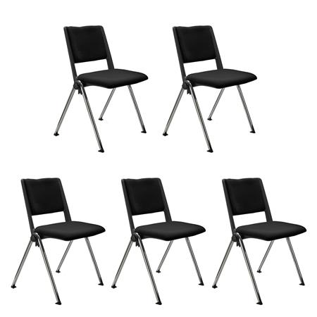 SET van 5 Vergaderstoelen CARINA, Stapelbaar, Stoelkoppelsysteem, Zwart Stoffen Bekleding met Verchroomde Poten