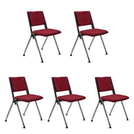 SET van 5 Vergaderstoelen CARINA, Stapelbaar, Stoelkoppelsysteem, Bordeaux Stoffen Bekleding met Verchroomde Poten