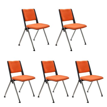 SET van 5 Vergaderstoelen CARINA, Stapelbaar, Stoelkoppelsysteem, Oranje Stoffen Bekleding met Verchroomde Poten