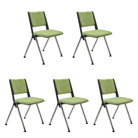 SET van 5 Vergaderstoelen CARINA, Stapelbaar, Stoelkoppelsysteem, Groene Stoffen Bekleding met Verchroomde Poten