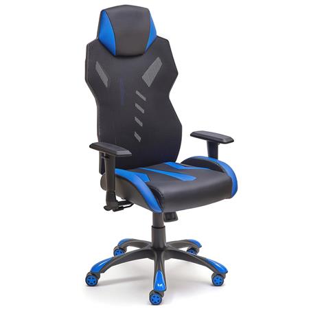 Gamingstoel SCORPIO, Verstelbare Armleuningen, in Ademend Leder en Mesh, Zwart/Blauw