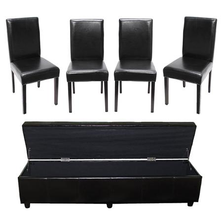 Set van 4 Eetkamerstoelen LITAU ECHT LEDER, Zwart + Bank XXL van 1,80 M