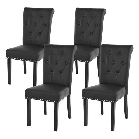 Set van 4 eetkamerstoelen CHARLES, Chesterfield-stijl met Capitonné, In Zwart Leder en Donkere Poten