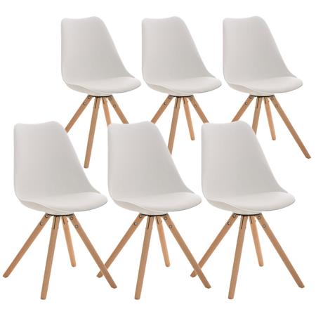 Set van 6 Stoelen TAYLOR, Kleur Wit, Lichthouten Poten, Lederen Zitting, Exclusief Ontwerp