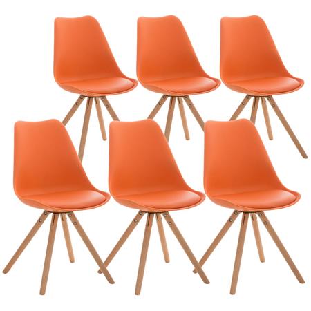 Set van 6 Stoelen TAYLOR, Kleur Oranje, Lichthouten Poten, Lederen Zitting, Exclusief Ontwerp