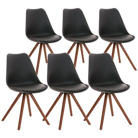 Set van 6 Stoelen TAYLOR, Kleur Zwart, Donkerhouten Poten, Lederen Zitting, Exclusief Ontwerp