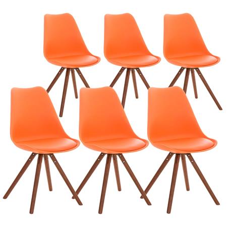 Set van 6 Stoelen TAYLOR, Kleur Oranje, Donkerhouten Poten, Lederen Zitting, Exclusief Ontwerp