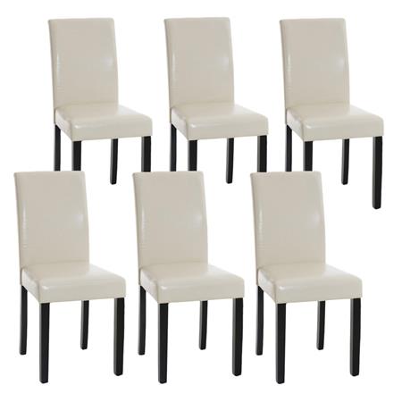 Set van 6 Eetkamerstoelen CAPRI, Crèmekleurig Leder en Donkere Houtkleurige Poten, Heel Stevig en Comfortabel