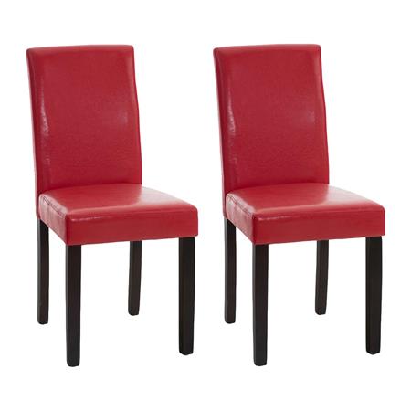 Set van 2 Eetkamerstoelen CAPRI, Rood Leder en Donkere Houtkleurige Poten, Heel Stevig en Comfortabel