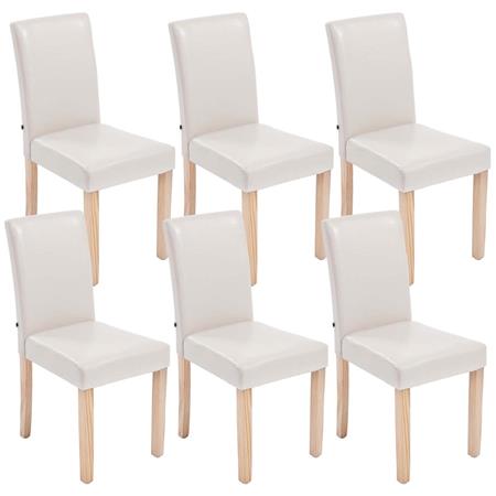 Set van 6 Eetkamerstoelen CAPRI, Crèmekleurig Leder en Lichte Houtkleurige Poten, Heel Stevig en Comfortabel