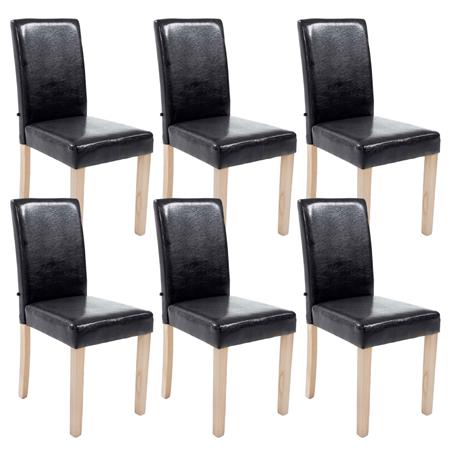 Set van 6 Eetkamerstoelen CAPRI, Zwart Leder en Lichte Houtkleurige Poten, Heel Stevig en Comfortabel