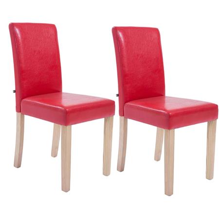 Set van 2 Eetkamerstoelen CAPRI, Rood Leder en Lichte Houtkleurige Poten, Heel Stevig en Comfortabel