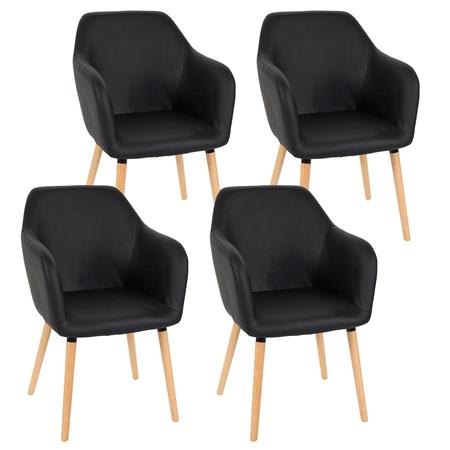 Set van 4 Eetkamerstoelen TULIO, met Lichthouten Poten en Zwart Leder