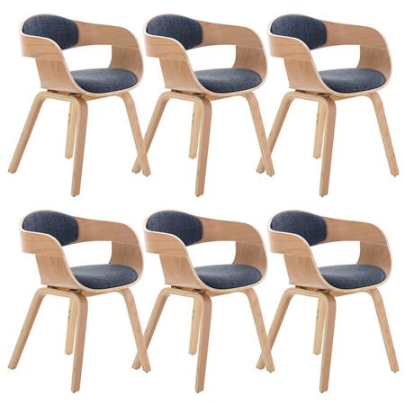 Set van 6 Eetkamerstoelen MAFO, Natuurlijke Houten Frame, met Blauwe Stof